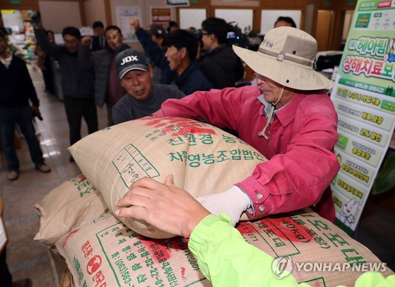 '8만원 보장하라' 나락 쌓는 농민들 (출처=연합뉴스)