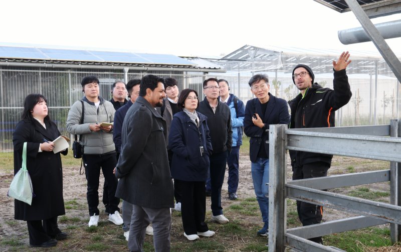 [안성=뉴시스] 김보라 안성시장이 영농형 태양광 연구단지를 둘러보고 있다.(사진=안성시 제공) 2025.11.05.photo@newsis.com