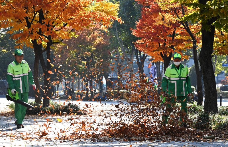 [수원=뉴시스] 김종택 기자 = 절기상 입동을 이틀 앞둔 5일 경기 수원시 팔달구 인계동 가로수길에서 환경관리원들이 전동 송풍기를 이용해 수북히 쌓인 낙엽을 청소하고 있다. 2025.11.05. jtk@newsis.com