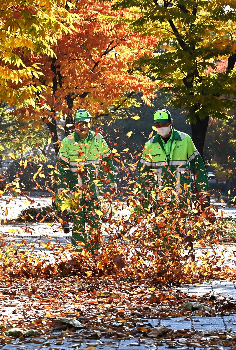 [수원=뉴시스] 김종택 기자 = 절기상 입동을 이틀 앞둔 5일 경기 수원시 팔달구 인계동 가로수길에서 환경관리원들이 전동 송풍기를 이용해 수북히 쌓인 낙엽을 청소하고 있다. 2025.11.05. jtk@newsis.com