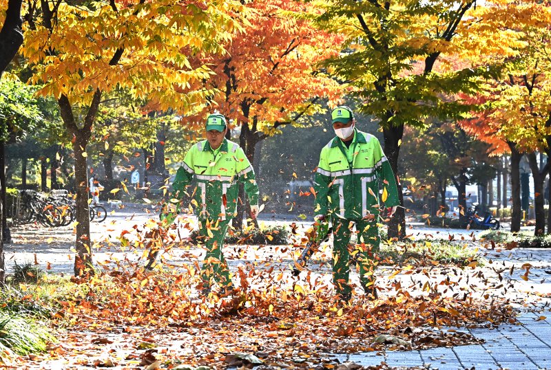 [수원=뉴시스] 김종택 기자 = 절기상 입동을 이틀 앞둔 5일 경기 수원시 팔달구 인계동 가로수길에서 환경관리원들이 전동 송풍기를 이용해 수북히 쌓인 낙엽을 청소하고 있다. 2025.11.05. jtk@newsis.com