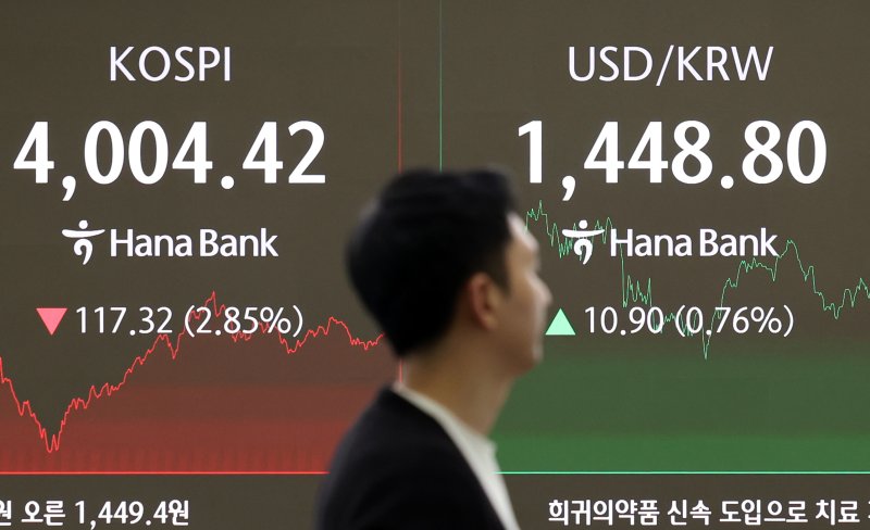 5일 오후 서울 중구 하나은행 딜링룸 전광판에 종가가 표시되어 있다. /사진=뉴시스