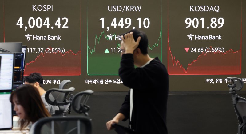 코스피가 급락한 5일 오후 서울 중구 하나은행 본점 딜링룸 전광판에 종가가 표시되고 있다. 이날 코스피는 7개월 만에 매도 사이드카까지 터지며 급락장을 연출한 끝에 117.32포인트(2.85%) 내린 4004.42를 기록했다. 2025.11.5/뉴스1 ⓒ News1 오대일 기자