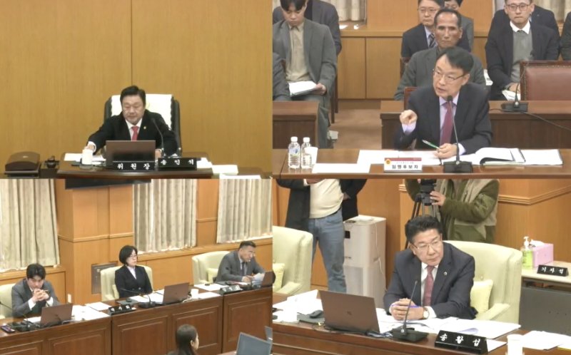 [대전=뉴시스] 이광축(오른쪽 위쪽) 대전교통공사 사장 임명후보자에 대한 인사청문회가 5일 오후 대전시의회 산업건설위원회 회의실에서 열리고 있다. (사진=대전시의회 제공) 2025.11.05. photo@newsis.com *재판매 및 DB 금지