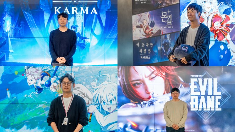 [서울=뉴시스] 넷마블은 5일 서울 구로구 넷마블 사옥 '지타워'에서 지스타2025 출품작 미디어 시연회를 개최했다. 각 게임 개발 총괄이 직접 게임을 소개했다. (왼쪽 위부터 시계 방향으로) '나 혼자만 레벨업: 카르마' 권동형 넷마블네오 PD, '몬길: 스타 다이브' 이동조 넷마블몬스터 PD, '프로젝트 이블베인', 최동수 넷마블몬스터 기획팀장, '일곱 개의 대죄: 오리진' 구도형 넷마블에프앤씨 PD. (사진=넷마블 제공) *재판매 및 DB 금지
