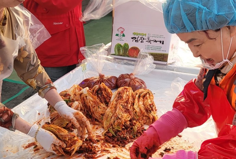 '2025년 평창고랭지김장축제' 행사장에서 축제 참가자들이 김장에 나서고 있다. 2025.11.5./뉴스1 2025.11.5/뉴스1 ⓒ News1 신관호 기자