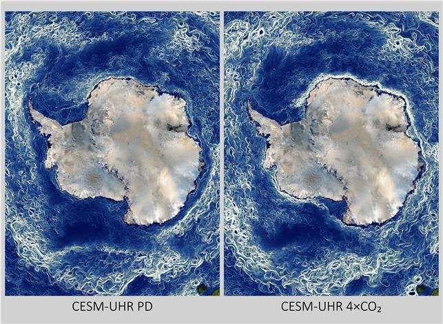 [대전=뉴시스] 대기 중 이산화탄소 현재 농도(왼쪽)와 4배증가(오른쪽) 조건에서의 남극해 9월 중규모 수평 교란 비교. (사진=기후물리연구단 제공) 2025.11.05. photo@newsis.com *재판매 및 DB 금지