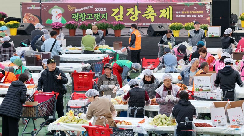 [평창=뉴시스] 5일 강원 평창군 대표 미식축제인 제8회 평창고랭지김장축제가 개막한 가운데 축제장을 찾은 방문객들이 김장 체험을 하고 있다. (사진=평창군 제공) 2025.11.05. photo@newsis.com