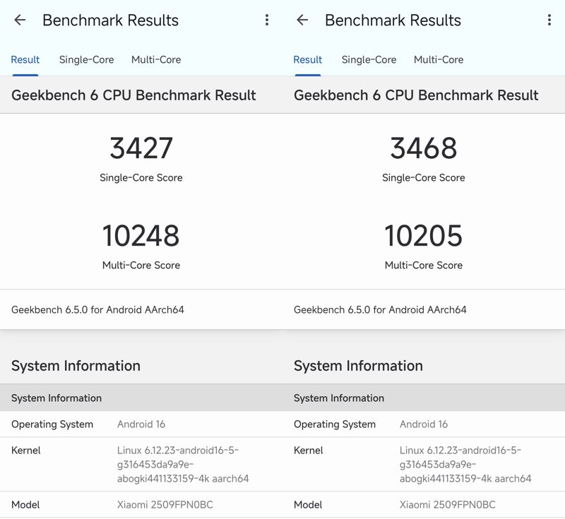 긱벤치6에서 샤오미 17 프로 맥스의 CPU 성능을 측정한 결과. 사진=구자윤 기자