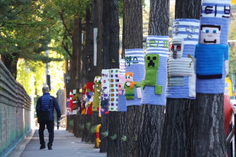 아침 기온이 영하권으로 떨어지며 초겨울 추위를 보인 3일 경기 광명시 하안동 하담길 예술의거리 가로수에 뜨개옷이 입혀져 있다. 2025.11.3/뉴스1 ⓒ News1 김영운 기자