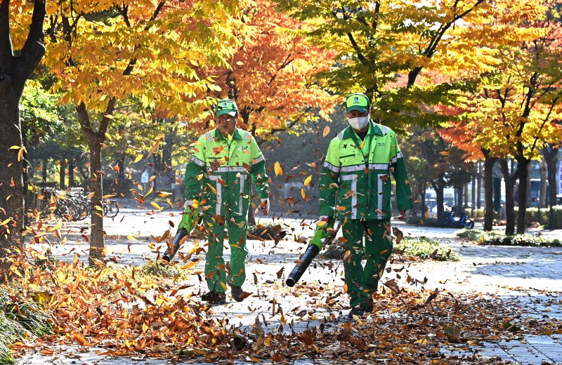 [수원=뉴시스] 김종택 기자 = 절기상 입동을 이틀 앞둔 5일 경기 수원시 팔달구 인계동 가로수길에서 환경관리원들이 전동 송풍기를 이용해 수북히 쌓인 낙엽을 청소하고 있다. 2025.11.05. jtk@newsis.com