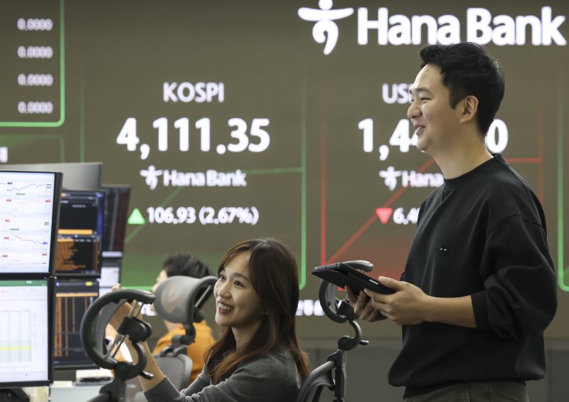 [서울=뉴시스] 김근수 기자 = 에볼루션 바카라 사이트가 전 거래일(4004.42)보다 88.04포인트(2.20%) 오른 4092.46에 개장한 6일 서울 중구 하나은행 본점 딜링룸에서 전광판에 지수가 나오고 있다.코스닥 지수는 전 거래일(901.89)보다 13.54포인트(1.50%) 상승한 915.43에 거래를 시작했으며, 외환시장에서 원·달러 환율은 전 거래일(1449.4원)보다 7.4원 내린 1442.0원에 출발했다. 2025.11.06. ks@newsis.com