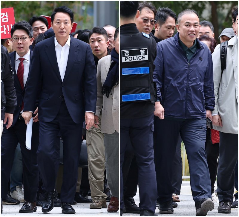 오세훈 서울시장(왼쪽)과 '정치 브로커' 명태균 씨가 8일 서울 종로구 KT광화문빌딩에 마련된 김건희 특검(특별검사 민중기) 사무실에 조사를 받기 위해 출석하고 있다. 2025.11.8/뉴스1 ⓒ News1 김성진 기자