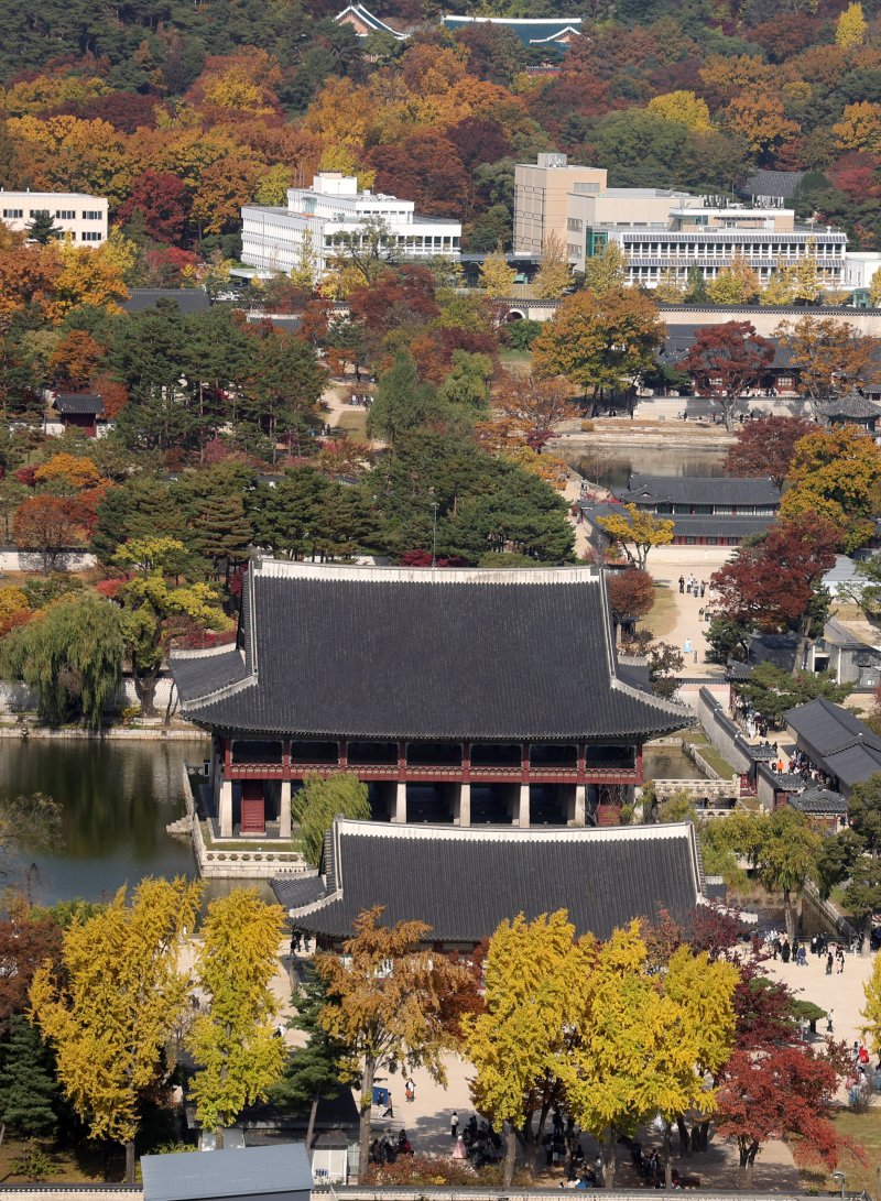 [온라인바카라=뉴시스] 추상철 기자 = 완연한 가을 날씨를 보인 9일 오후 온라인바카라 종로구 경복궁 경회루 주변이 울긋불긋한 단풍으로 물들고 있다. 2025.11.09. scchoo@newsis.com