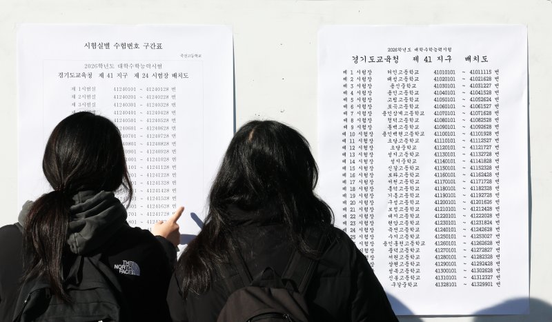 2026학년도 대학무료 바카라 게임능력시험을 하루 앞둔 12일 경기 용인시 수지구 죽전고등학교에서 수험생들이 시험장 배치도를 확인하고 있다. 2025.11.12/무료 바카라 게임1 ⓒ News1 김영운 기자