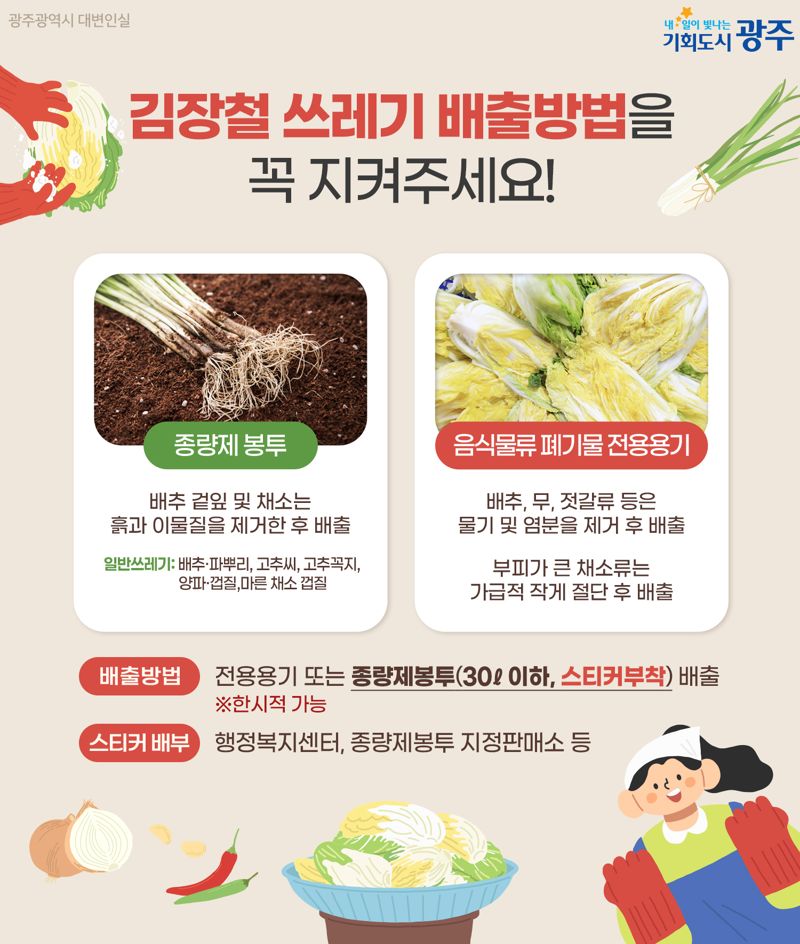 광주광역시는 본격적인 김장철을 맞아 오는 17일부터 12월 19일까지 '김장철 음식물쓰레기 집중 관리 기간'으로 운영하고, 김장용 채소류에 한해 스티커 부착 종량제봉투 배출을 한시적으로 허용한다고 밝혔다. 광주광역시 제공