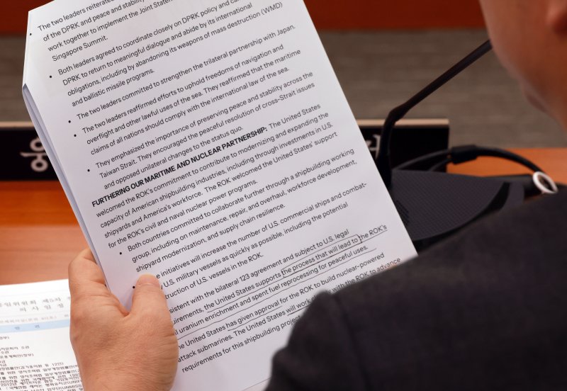 김건 국회 외통위 국민의힘 간사가 14일 서울 여의도 국회에서 열린 외교통일위원회 전체회의에서 한미 관세, 안보협상 조인트 팩트시트를 읽고 있다. 사진 속 내용에는 미국산 선박의 한국 내 건조와 정비가 확대될 수 있으며, 미국 법률 및 한·미 123협정의 조건에 따라 한국의 민간 조선 산업이 원자력 추진 선박 개발 과정에 참여할 수 있는 길이 열릴 수 있다는 내용이 명시돼 있다. 뉴시스