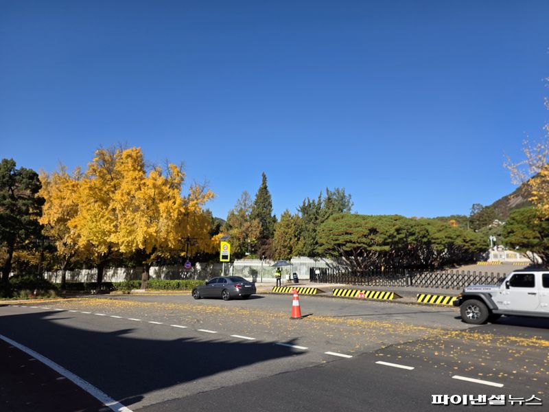 지난 14일 오전 청와대 앞 보행로가 전면 통제됐다. 청와대 방면으로 건널 수 있는 횡단보도도 사라졌다. 사진=박성현 기자