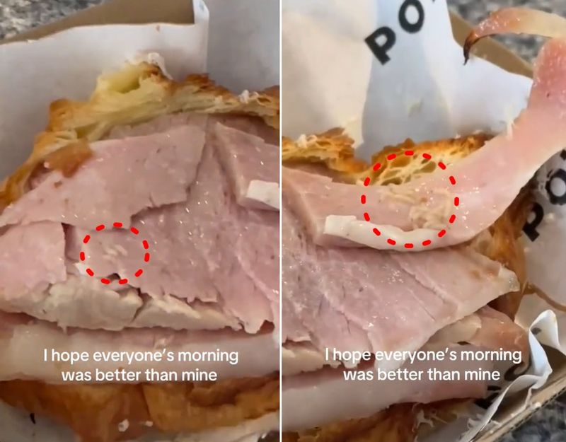 호주 여성이 출근길 바카라사이트 순위에서 아침 식사로 구매한 크루아상 안에서 바카라사이트 순위(빨간 원)를 발견했다며 자신의 틱톡에 올린 영상. /사진=틱톡 캡처