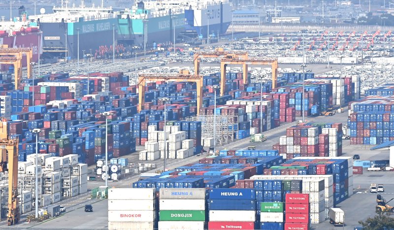 [평택=뉴시스] 김종택 기자 = 30일 경기 평택시 포승읍 평택항에 수출입 컨테이너가 쌓여 있다. 2025.10.30. jtk@newsis.com