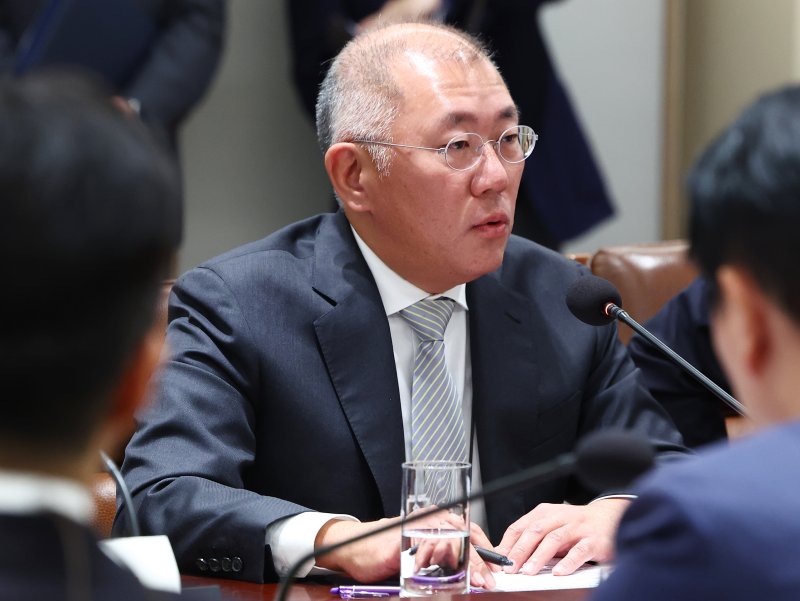 정의선 현대자동차 그룹 회장이 16일 서울 용산 대통령실 청사에서 열린 한미 관세협상 후속 민관 합동회의에서 발언하고 있다. (대통령실통신사진기자단) /사진=뉴시스화상