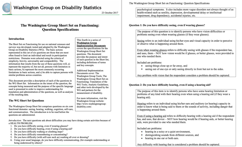 워싱턴장애통계그룹이 2017년 제시한 질문세부사항(왼쪽)엔 14번 항목의 세부 질문인 14-1과 14-2처럼 시력과 청력에 대한 질문이 있다. /사진=워싱턴장애통계그룹 홈페이지