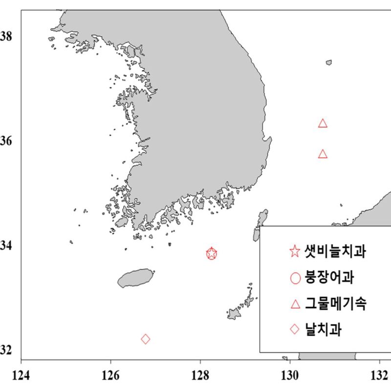국립수산과학원의 2025년도 국내 미기록종 조사에서 발견된 미기록종 4종의 치어 채집 위치도. 국립수산과학원 제공