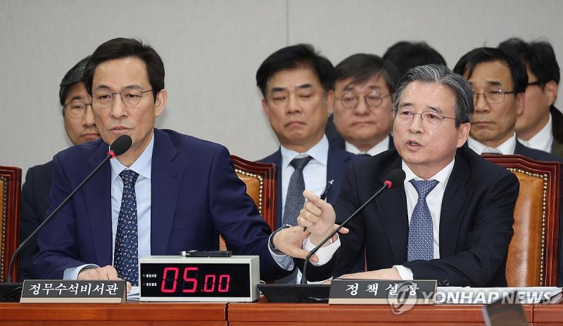 언쟁 이어가는 김용범 정책실장 말리는 우상호 정무수석 (출처=연합뉴스)