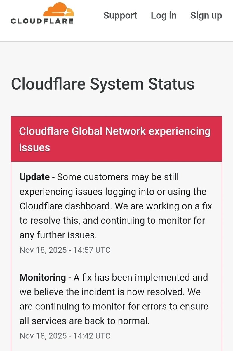 클라우드플레어 서비스 장애 공지 (출처=연합뉴스)