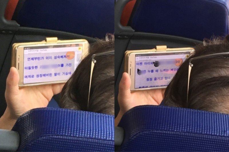 [뉴시스] 공공장소에서 성인용 영상이나 오디오를 재생해 주변 사람들을 불편하게 만드는 사례가 잇따르고 있다. 한 노년 남성이 버스에서 딸 자녀를 성적 대상으로 다룬 성인용 소설을 크게 확대해 읽는 모습. (사진 = 온라인 커뮤니티 갈무리) 2025.11.18. *재판매 및 DB 금지