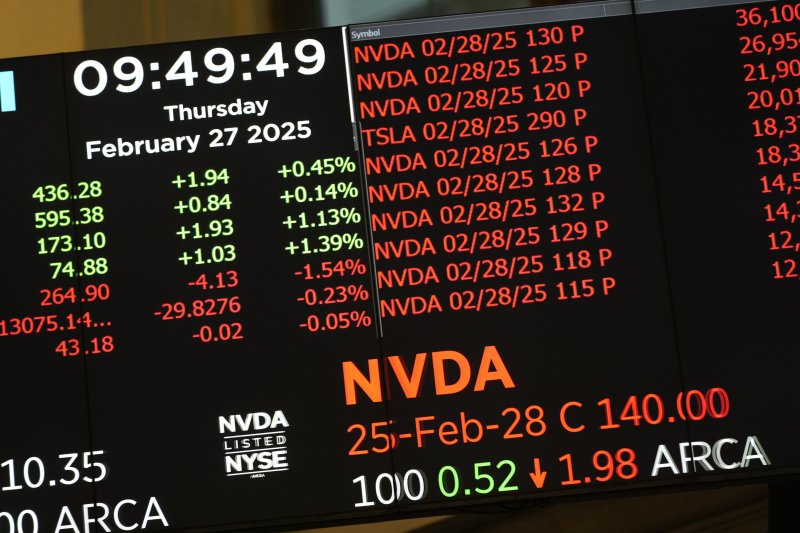 [뉴욕=AP/뉴시스] 지난 2월 27일(현지 시간) 미국 뉴욕증권거래소에서 엔비디아 옵션 관련 정보가 전광판에 표시되고 있다. 2025.07.09.