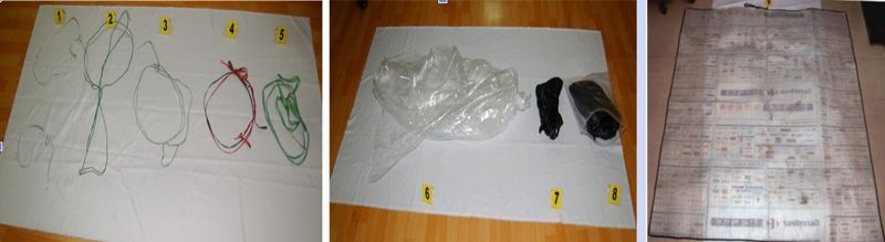 장씨는 특이한 매듭으로 피해자들을 결박한 것으로 조사됐다. 범행당시에 사용된 것으로 추정되는 노끈과 비닐, 포대가 놓였있다. 서울경찰청 제공