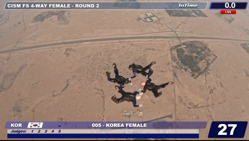 지난 18일(현지시간), 카타르 도하 쇼크핫 기지 상공에서 특전사 소속 여군 대표팀이 상호활동 강하를 실시하고 있다. 특전사 제공