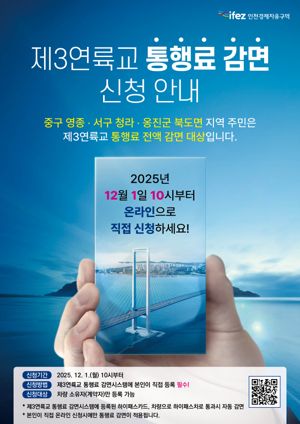 내년 1월 개통 예정인 인천 제3연륙교의 영종·청라·북도면 지역 주민 통행료 감면을 위한 온라인 사전 신청을 오는 12월 1일 오전 10시부터 시작한다. 인천경제청 제공.