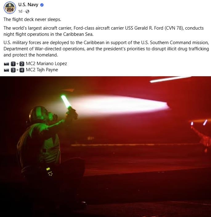 미 해군의 항공모함 야간 비행훈련 SNS 게시글 (출처=연합뉴스)