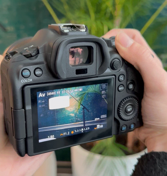 직접 EOS R6 Mark III 셔터를 연속해 누르며 화분을 고속 촬영하는 모습. 1초당 40매 촬영이 가능해 찰나의 순간도 사진에 모두 담기고 있다. 사진=최혜림 기자