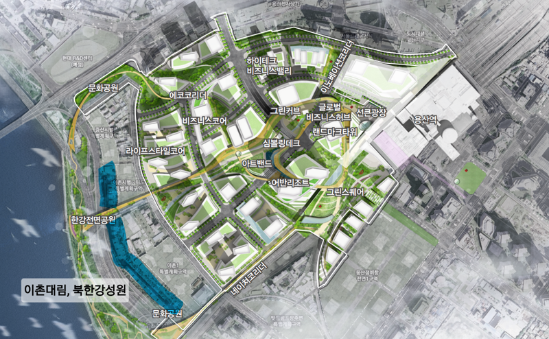 용산국제업무지구 투자제안서 및 리플릿에는 이촌대림·북한강성원아파트를 가로지르는 '한강전면공원'이 설계돼 있다. 사진=용산서울코어 홈페이지 갈무리.