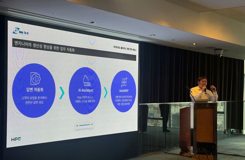 구상원 베스핀글로벌 AIOps본부 이사가 지난 27일 서울 양재 엘타워에서 베스핀글로벌과 HPE가 공동 개최한 '하이브리드 클라우드 전환 전략 세미나'에서 발표를 하고 있다. 베스핀글로벌 제공