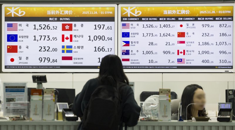 [인천공항=뉴시스] 김근수 기자 = 고환율이 계속되는 28일 인천 중구 인천국제공항 제1여객터미널 은행 환전소에서 여행객이 환전을 하고 있다. 2025.11.28. ks@newsis.com