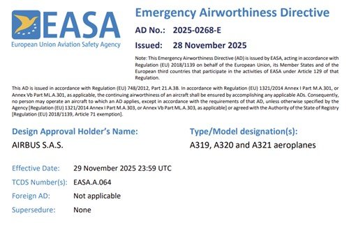 유럽연합항공안전청(EASA)의 A320 안전 개선 긴급 공문 (출처=연합뉴스)
