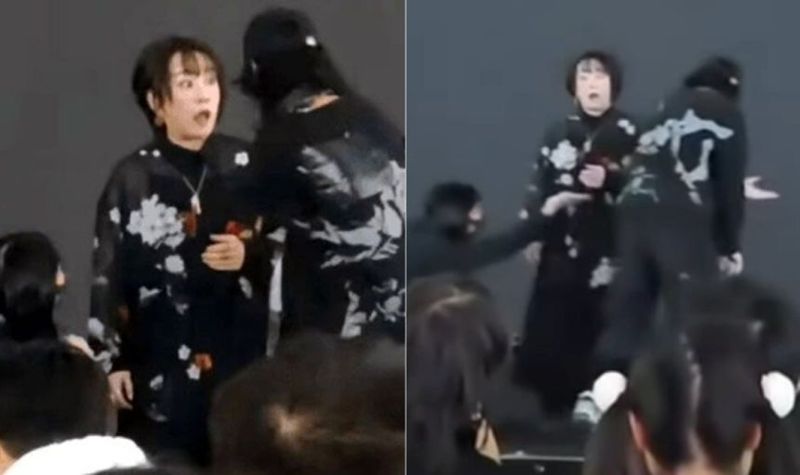 일본 가수 오쓰키 마키가 지난달 28일(현지시간) 중국 상하이에서 열린 ‘반다이 남코 페스티벌 2025’에서 노래를 부르던 중 갑자기 무대로 올라온 스태프들에게 저지당하자 놀란 표정을 짓고 있다. 출처=X 갈무리