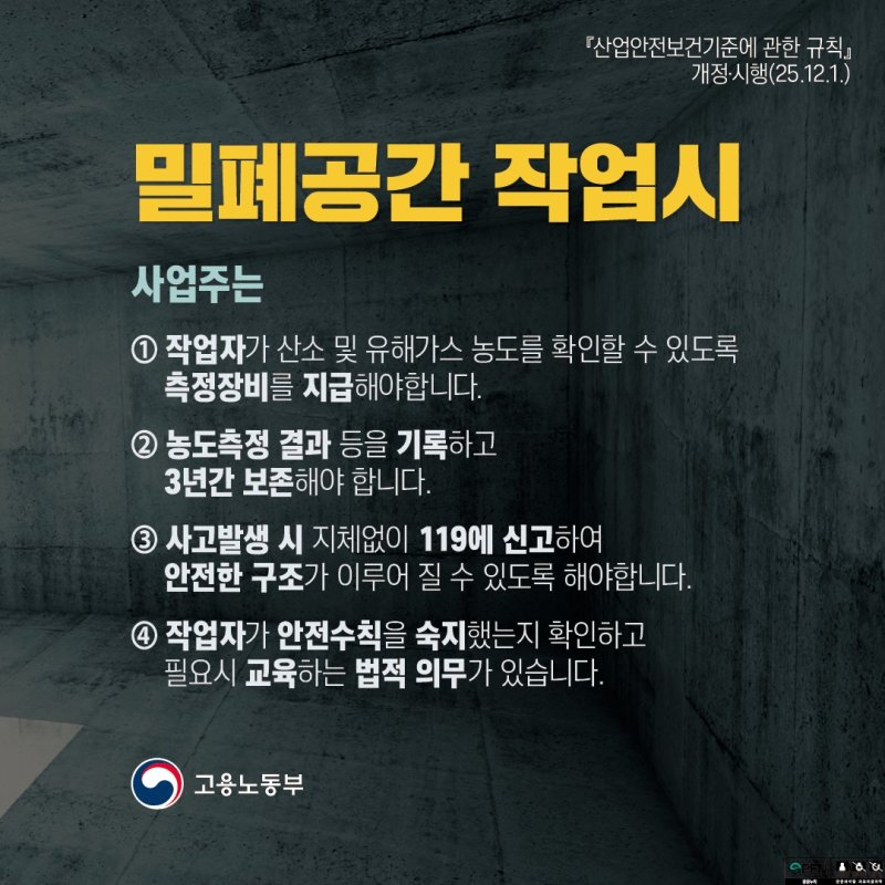 [서울=뉴시스] 고용노동부가 밀폐공간 작업과 관련한 사업주 의무를 강화하는 내용의 산업안전보건규칙을 1일 공포하고 시행한다고 밝혔다. 2025.12.01. (자료=고용노동부 제공) *재판매 및 DB 금지