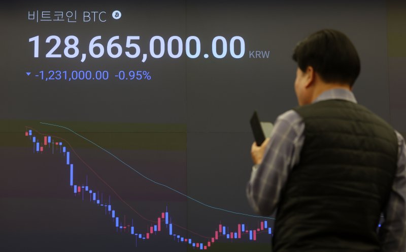 [서울=뉴시스] 김선웅 기자 =지난달 21일 서울 강남구 업비트 고객센터 전광판에서 비트코인 시황이 표시되고 있다. 2025.11.21. mangusta@newsis.com