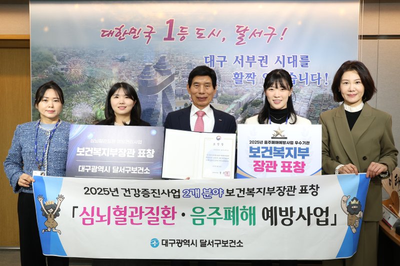 [대구=뉴시스] 대구 달서구는 음주폐해예방사업 우수사례 기관 표창과 심뇌혈관질환 예방 관리 유공 기관 표창에서 각각 보건복지부 장관상을 받았다. (사진=대구 달서구 제공) 2025.12.01. photo@newsis.com *재판매 및 DB 금지