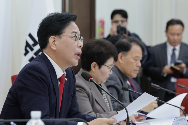 송언석 국민의힘 원내대표가 2일 서울 여의도 국회에서 열린 대미투자특별법 점검 상임위원장·간사단회의에서 발언하고 있다. 뉴스1