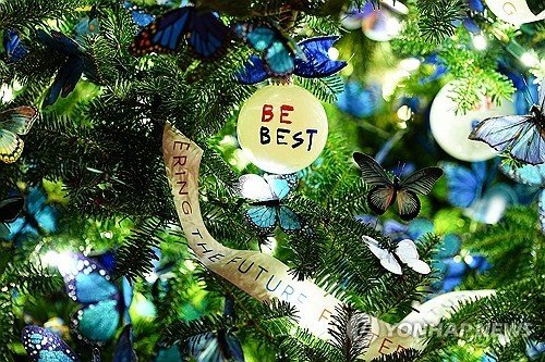 백악관 레드룸 크리스마스트리의 나비 장식 (출처=연합뉴스)