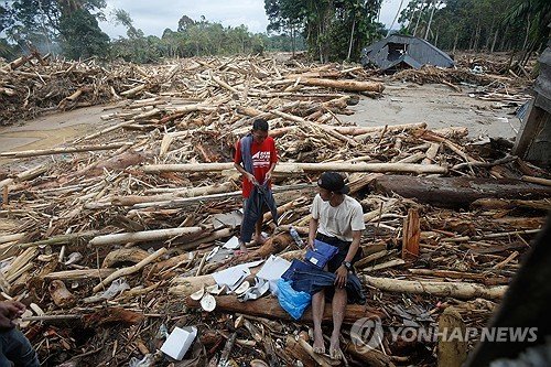 인도네시아 북수마트라주서 홍수 후 남겨진 통나무 잔해들 (출처=연합뉴스)
