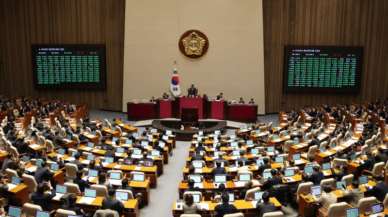 728조 원 규모의 새해 예산안이 처리 법정 시한인 2일 서울 여의도 국회에서 열린 제429회국회(정기회) 제14차 본회의에서 2026년도 예산안 수정안이 찬성 248표, 반대 8표, 기권 6표로 통과되고 있다. 2025.12.2/뉴스1 ⓒ News1 이승배 기자