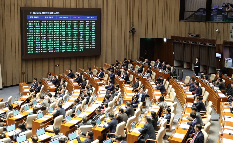 728조 원 규모의 새해 예산안이 처리 법정 시한인 2일 서울 여의도 국회에서 열린 제429회국회(정기회) 제14차 본회의에서 2026년도 예산안 수정안이 찬성 248표, 반대 8표, 기권 6표로 통과되고 있다. 2025.12.2/뉴스1 ⓒ News1 이승배 기자