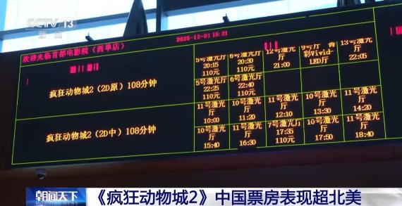 중국 내 한 영화관에 게시된 상영 시간 전광판. ‘주토피아2’가 상영작 중 가장 많은 비중을 차지하고 있다. CMG